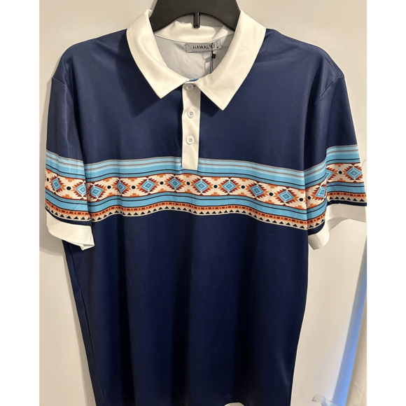 Hawalili Men’s Blue Southwest Pattern Polo Shirt Sz Medium NWT - Picture 3 of 10